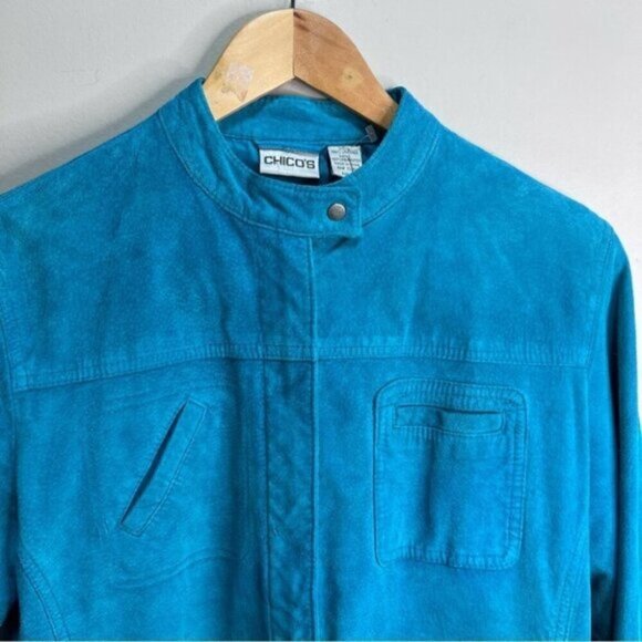 Chico’s Teal Leather Suede Jacket Size 1 Medium 100% Leather Classic Monochrome - Picture 4 of 16